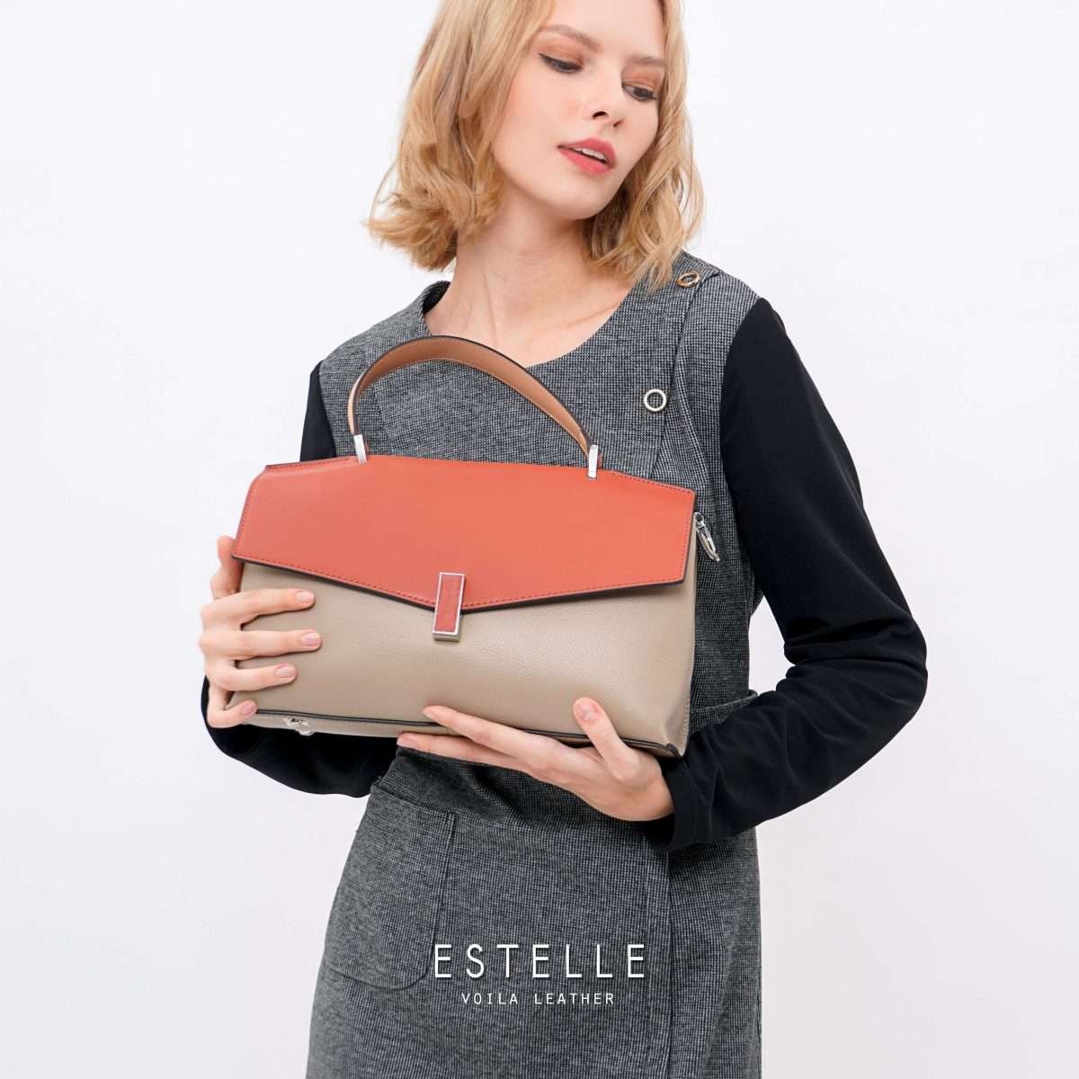 Genuine Leather Tote Sling Bag Voila Estelle Beige Orange 6