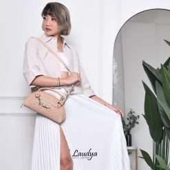 Clutch Selempang Etnik Anyam Kulit Asli Voila Laudya Dark Vanilla